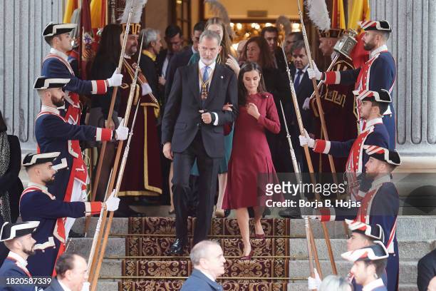 King Felipe VI of Spain and Queen Letizia of Spain attend the solemn opening of the 15th legislature at the Spanish Parliamen on November 29, 2023 in...