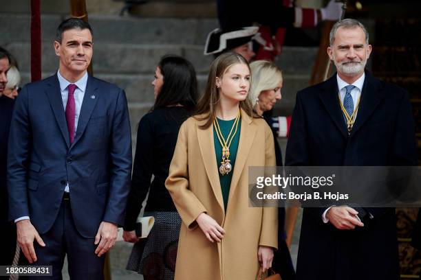 President of the Spanish Government Pedro Sanchez , King Felipe VI of Spain and Crown Princess Leonor of Spain attend the solemn opening of the 15th...