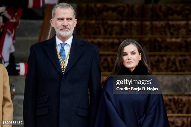King Felipe VI of Spain and Queen Letizia of Spain attend the solemn opening of the 15th legislature at the Spanish Parliamen on November 29, 2023 in...