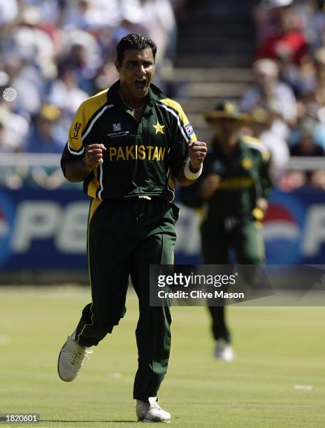 Waqar Younis of Pakistan celebrates a wicket during the ICC Cricket World Cup 2003, Pool A match between England and Pakistan held on February 22,...