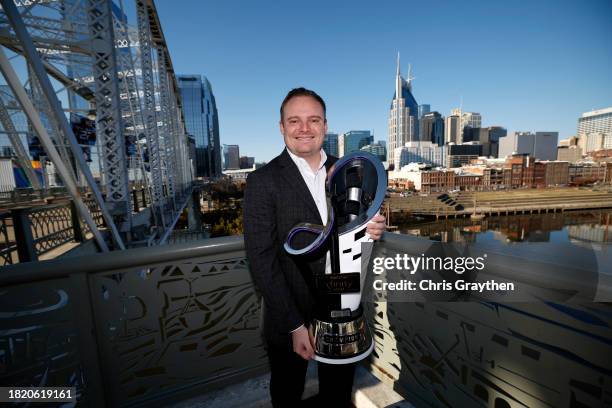 Xfinity Series Champion Cole Custer poses for a photo on the John Seigenthaler Pedestrian Bridge on November 29, 2023 in Nashville, Tennessee.