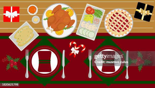 specially prepared dinner for christmas night - christmas table stock illustrations