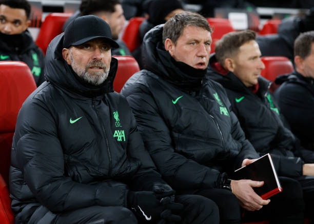 Jurgen Klopp, Manager of Liverpool and assistant coach Peter Krawietz before the UEFA Europa League 2023/24 match between Liverpool FC and LASK at...