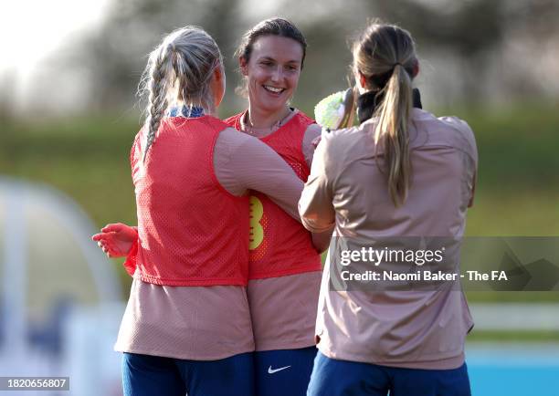 Lotte Wubben-Moy of England reacts during a training session at St George's Park on November 29, 2023 in Burton upon Trent, England.