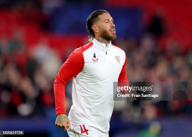 Sergio Ramos of Sevilla FC warms up prior to the UEFA Champions League match between Sevilla FC and PSV Eindhoven at Estadio Ramon Sanchez Pizjuan on...