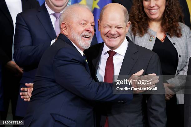 German Chancellor Olaf Scholz welcomes Brazilian President Luiz Inacio Lula da Silva for a family photo of heads of state at the Chancellery on...