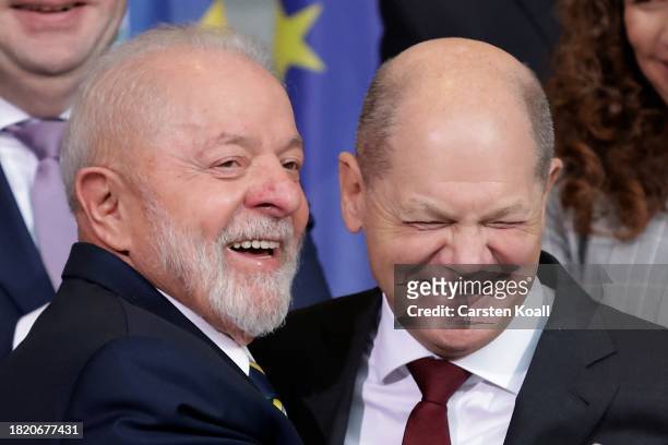 German Chancellor Olaf Scholz welcomes Brazilian President Luiz Inacio Lula da Silva for a family photo of heads of state at the Chancellery on...