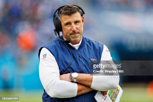 Head Coach Mike Vrabel of the Tennessee Titans on the sidelines during the game against the Carolina Panthers at Nissan Stadium on November 26, 2023...