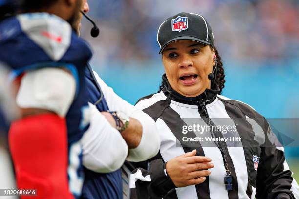 Line Judge Maia Chaka during the game between the Tennessee Titans and the Carolina Panthers at Nissan Stadium on November 26, 2023 in Nashville,...