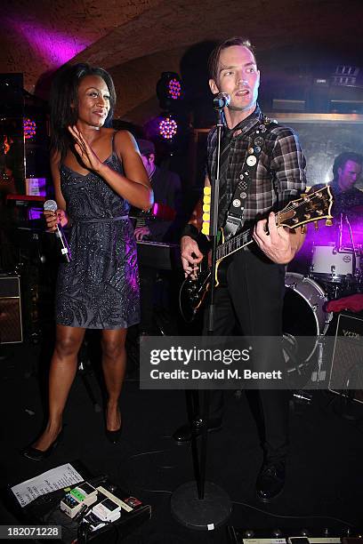Beverley Knight sings with The Feeling during their perform at The 50th Birthday Celebration of Annabel's Nightclub on September 27, 2013 in London,...