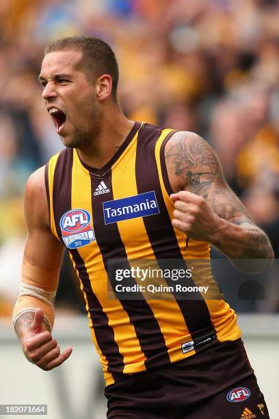 Lance Franklin of the Hawks celebrates kicking a goal during the 2013 AFL Grand Final match between the Hawthorn Hawks and the Fremantle Dockers at...