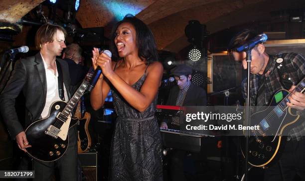 Beverley Knight sings with The Feeling during their perform at The 50th Birthday Celebration of Annabel's Nightclub on September 27, 2013 in London,...