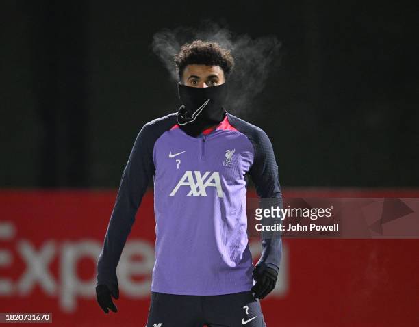 Luis Diaz of Liverpool during a training session on November 29, 2023 in Liverpool, United Kingdom.