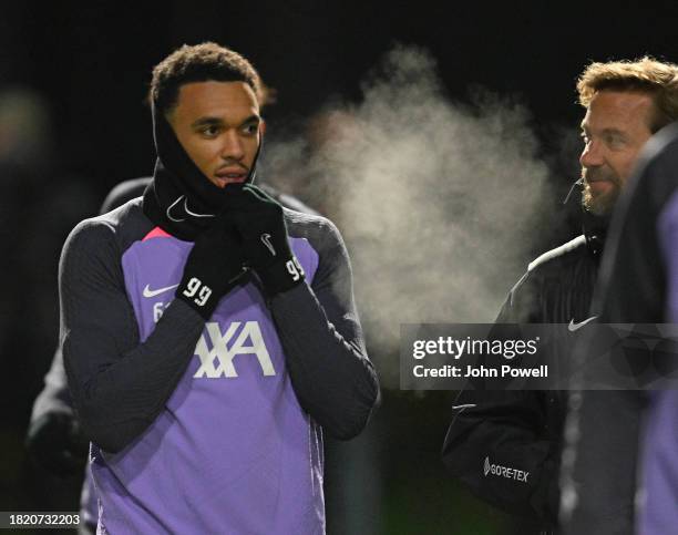 Trent Alexander-Arnold of Liverpool during a training session on November 29, 2023 in Liverpool, United Kingdom.