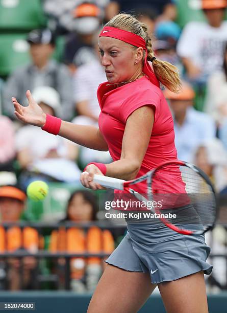 Petra Kvitova of Czech Republic in action during her women's singles final match against Angelique Kerber of Germany during day seven of the Toray...