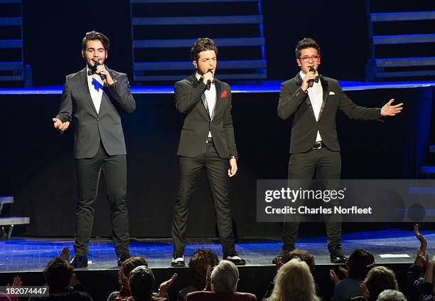 Ignazio Boschetto, Gianluca Ginoble and Piero Barone of Il Volo perform at Radio City Music Hall on September 27, 2013 in New York City.