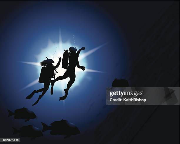 heterosexual couple scuba diving with fish background - water below surface stock illustrations