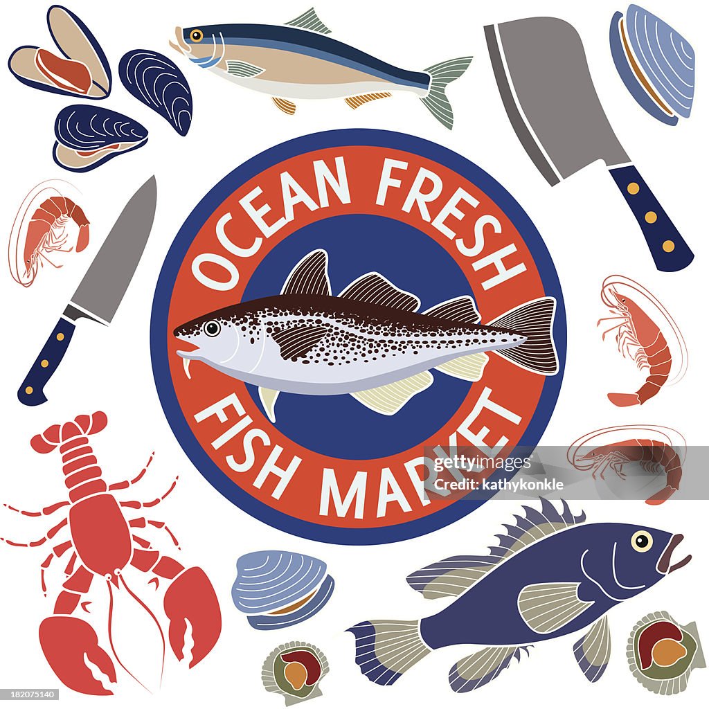 Fish Broker Design Fish Market Design Elements High-Res Vector Graphic - Getty Images