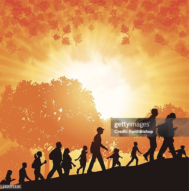 hikers or walk-a-thon in autumn - power walking stock illustrations