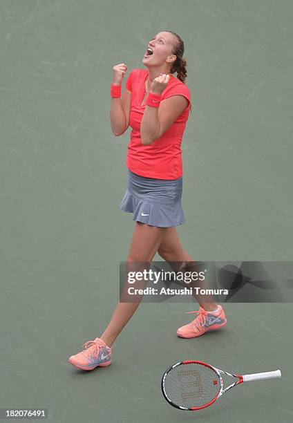 Petra Kvitova of Czech Republic celebrates after winning her women's singles final match against Angelique Kerber of Germany during day seven of the...