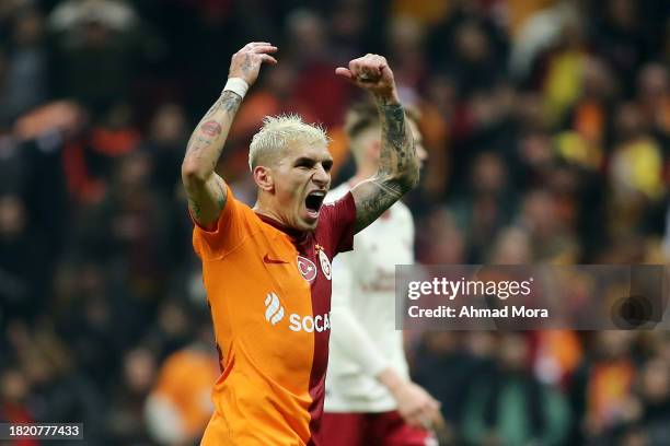 Lucas Torreira of Galatasaray reacts during the UEFA Champions League match between Galatasaray A.S. And Manchester United at Ali Sami Yen Arena on...