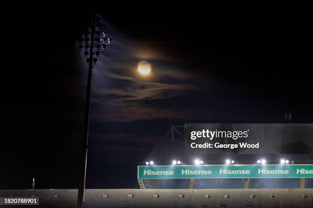 The moon can be seen beside the stadium floodlight prior to the Sky Bet Championship match between Leeds United and Swansea City at Elland Road on...