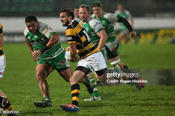 Andre Taylor of Taranaki looks to pass during the ITM Cup match between Manawatu and Taranaki at FMG Stadium on September 28, 2013 in Palmerston...