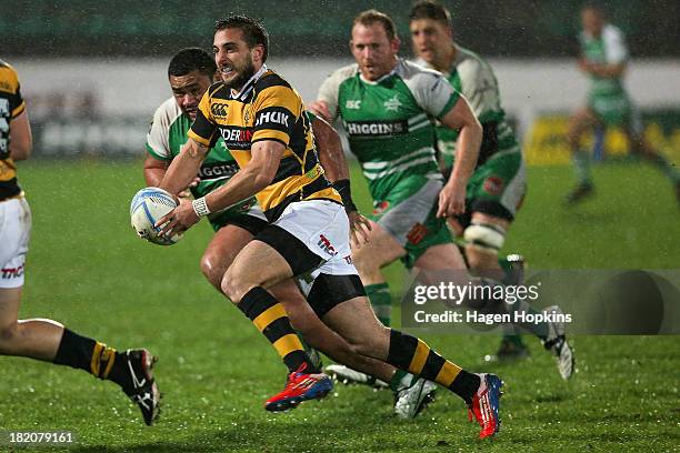 Andre Taylor of Taranaki looks to pass during the ITM Cup match between Manawatu and Taranaki at FMG Stadium on September 28, 2013 in Palmerston...