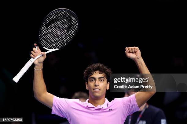 Abedallah Shelbayh of Jordan celebrates match point against Alex Michelsen of United States during the Men's Singles Group Stage match during day two...