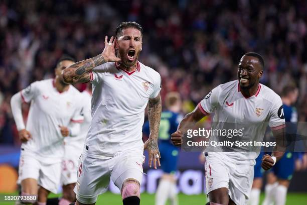 Sergio Ramos of Sevilla FC celebrates after scoring their side's first goal during the UEFA Champions League match between Sevilla FC and PSV...