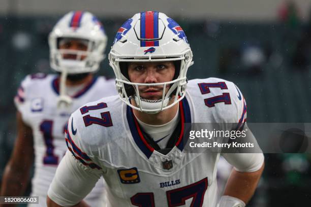 Josh Allen of the Buffalo Bills warms up prior to an NFL football game against the Philadelphia Eagles at Lincoln Financial Field on November 26,...