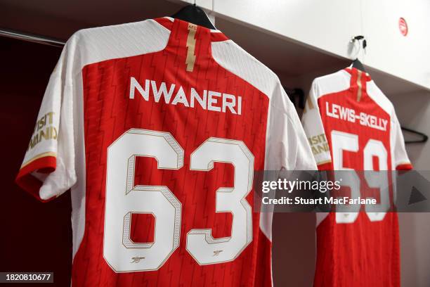 General view of the match shirts of Ethan Nwaneri and Myles Lewis-Skelly in the Arsenal dressing room prior to the UEFA Champions League match...