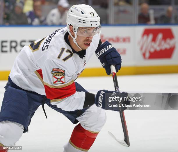 Evan Rodrigues of the Florida Panthers skates against the Toronto Maple Leafs during the first period in an NHL game at Scotiabank Arena on November...