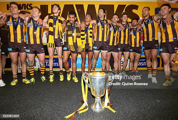 The Hawks sing the song in the rooms after winning the 2013 AFL Grand Final match between the Hawthorn Hawks and the Fremantle Dockers at Melbourne...