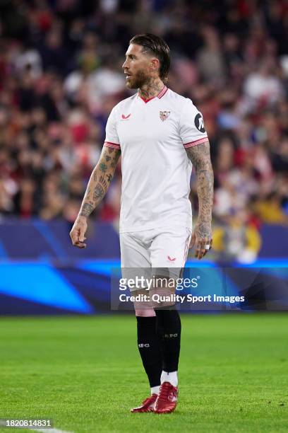 Sergio Ramos of Sevilla FC looks on during the UEFA Champions League match between Sevilla FC and PSV Eindhoven at Estadio Ramon Sanchez Pizjuan on...