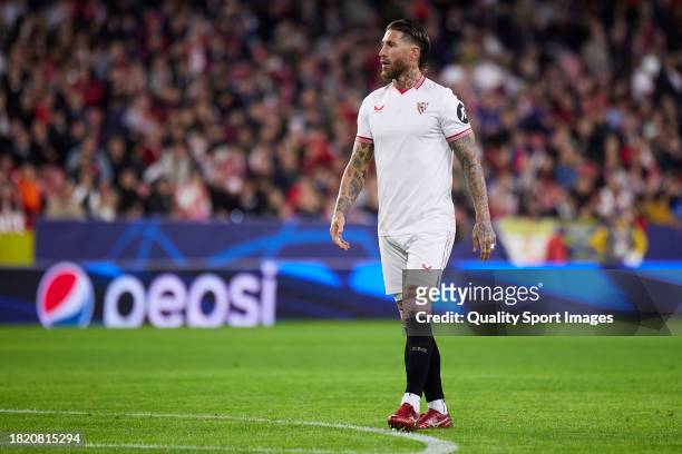 Sergio Ramos of Sevilla FC looks on during the UEFA Champions League match between Sevilla FC and PSV Eindhoven at Estadio Ramon Sanchez Pizjuan on...