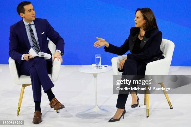 Columnist Andrew Ross Sorkin and Vice President Kamala Harris speak during the New York Times annual DealBook summit on November 29, 2023 in New York...