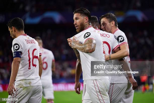 Sergio Ramos of Sevilla FC celebrates after scoring their side's first goal during the UEFA Champions League match between Sevilla FC and PSV...