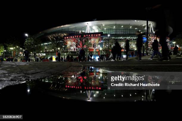 General view outside the stadium prior to the UEFA Champions League match between Arsenal FC and RC Lens at Emirates Stadium on November 29, 2023 in...