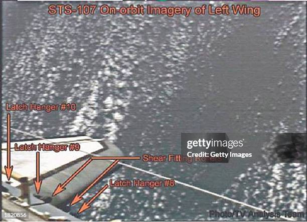 This image, released with graphic overlays by the Columbia Accident Investigation Board on February 27 shows the left wing of the Space Shuttle...