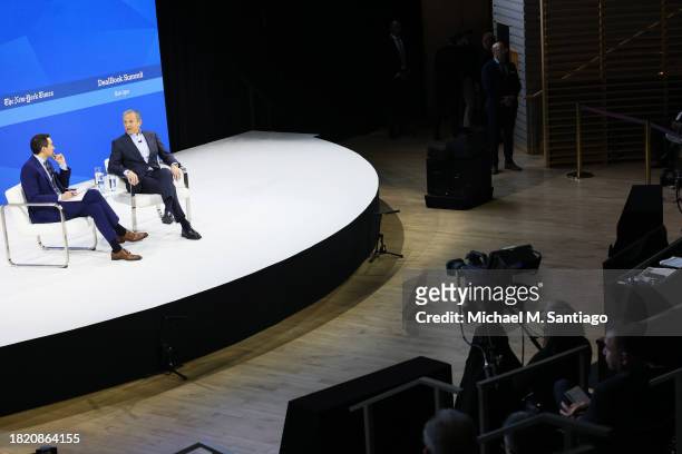 Columnist Andrew Ross Sorkin and C.E.O. Of The Walt Disney Company Bob Iger speak during the New York Times annual DealBook summit on November 29,...