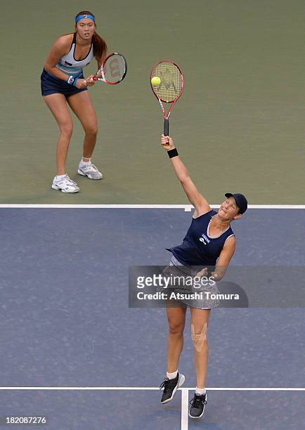 Hao-Ching Chan of Chinese Taipei and Liezel Huber of the United States in action during their women's doubles final match against Cara Black of...