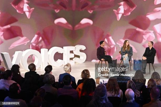 Imran Amed, Kelly Wearstler and Andres Reisinger onstage at #BoFVOICES at Soho Farmhouse on November 29, 2023 in Chipping Norton, England.
