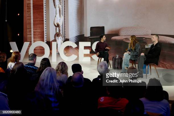 Imran Amed, Kelly Wearstler and Andres Reisinger onstage during #BoFVOICES at Soho Farmhouse on November 29, 2023 in Chipping Norton, England.