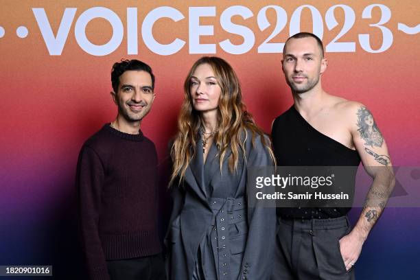 Imran Amed, Kelly Wearstler and Andres Reisinger attend #BoFVOICES at Soho Farmhouse on November 29, 2023 in Chipping Norton, England.