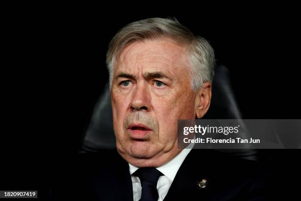 Carlo Ancelotti, Head Coach of Real Madrid, looks on prior to the UEFA Champions League match between Real Madrid and SSC Napoli at Estadio Santiago...