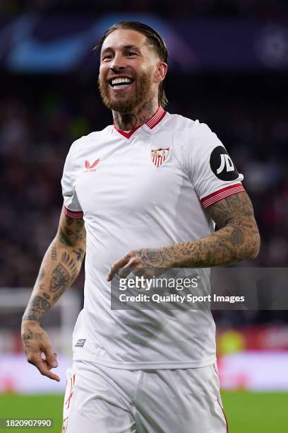 Sergio Ramos of Sevilla FC celebrates after the second goal of his team scored by Youssef En Nesyri of Sevilla FC during the UEFA Champions League...