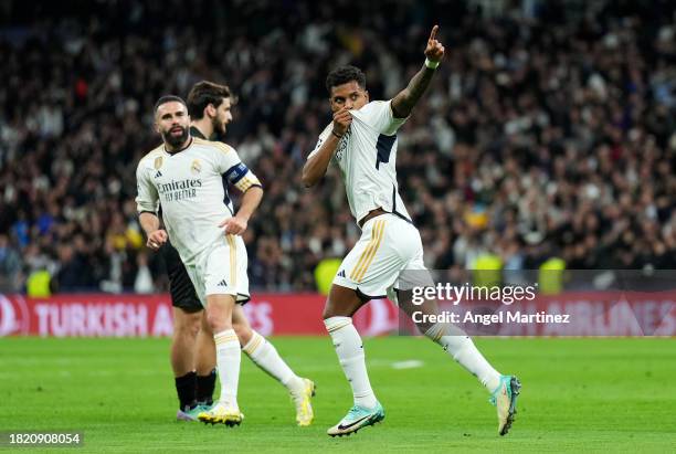 Rodrygo of Real Madrid celebrates after scoring the team's first goal during the UEFA Champions League match between Real Madrid and SSC Napoli at...