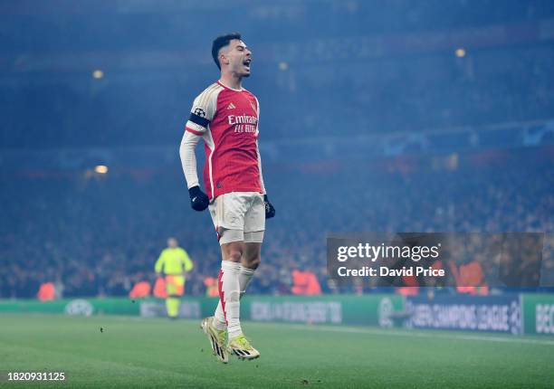 Gabriel Martinelli of Arsenal celebrates after scoring the team's fourth goal during the UEFA Champions League match between Arsenal FC and RC Lens...