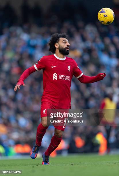 Mohamed Salah of Liverpool in action during the Premier League match between Manchester City and Liverpool FC at Etihad Stadium on November 25, 2023...